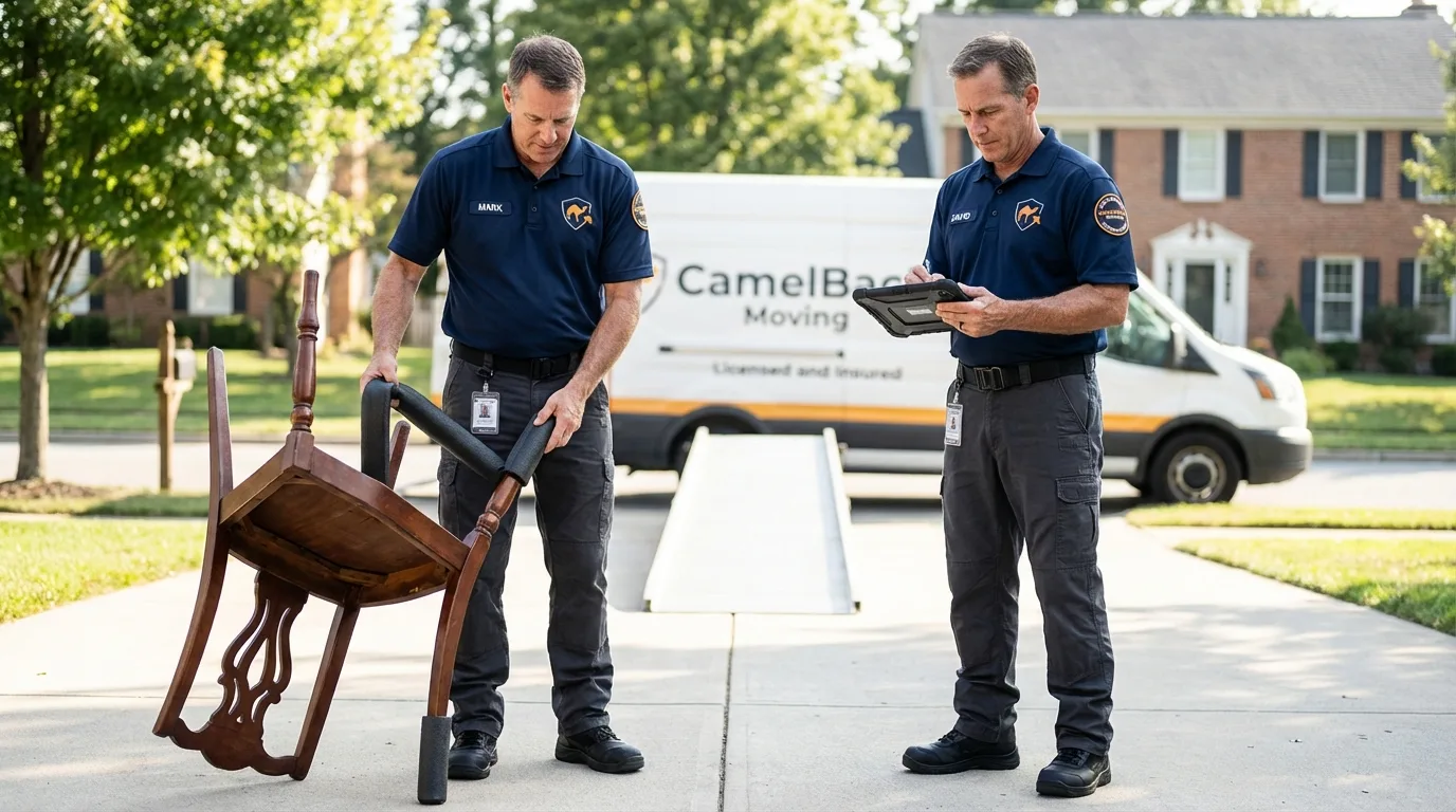 Movers inspecting furniture for damage prevention before loading in La Vista, NE