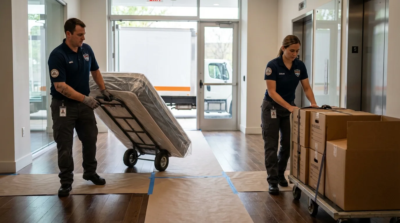 Professional apartment movers loading elevator in La Vista, NE